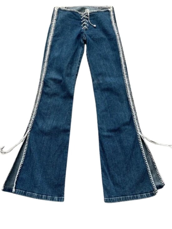 Rui Motta Denim - Vintage Rui Motta Women’s Brazilian Blue Lace-Up Side-Trim Flared Jeans Size 4/6